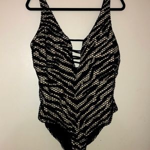 Chocolate brown/Cream and Black mesh netted One piece bathing suit